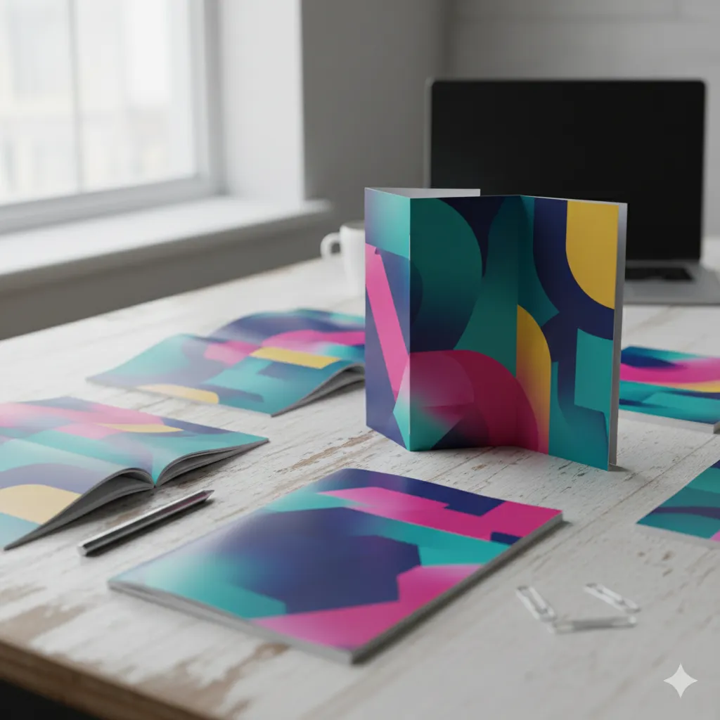 Professionella broschyrer med färgglad design och vikta sidor