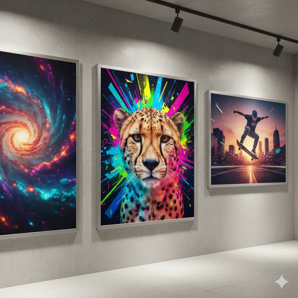 Stora affischer med levande färger och skarpa bilder för marknadsföring